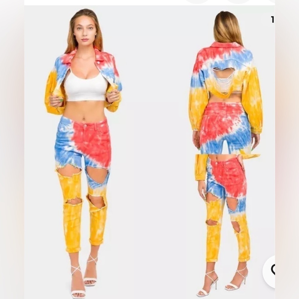 American Bazi Women's Tie Dye Ripped Denim Jacket And jeans size: 1X